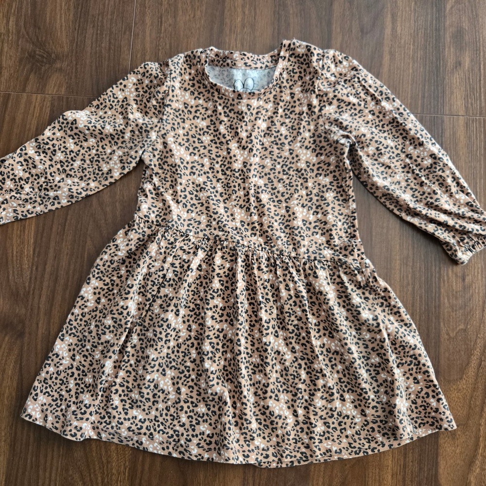 Matalan‎ Girls Leopard Print Cotton Long Sleeve Dress Age 2-3 Years Tan Animal